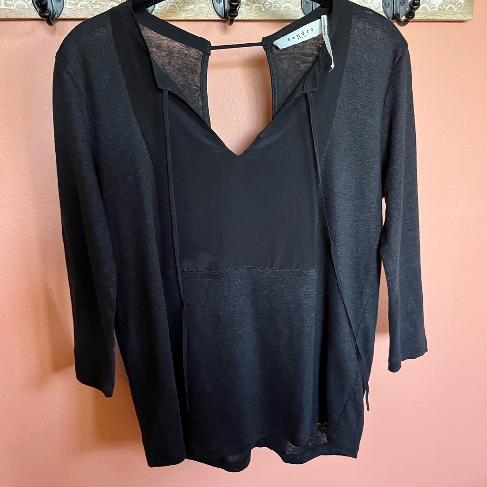 Sandro Gray/Black Tie V-Neck Blouse